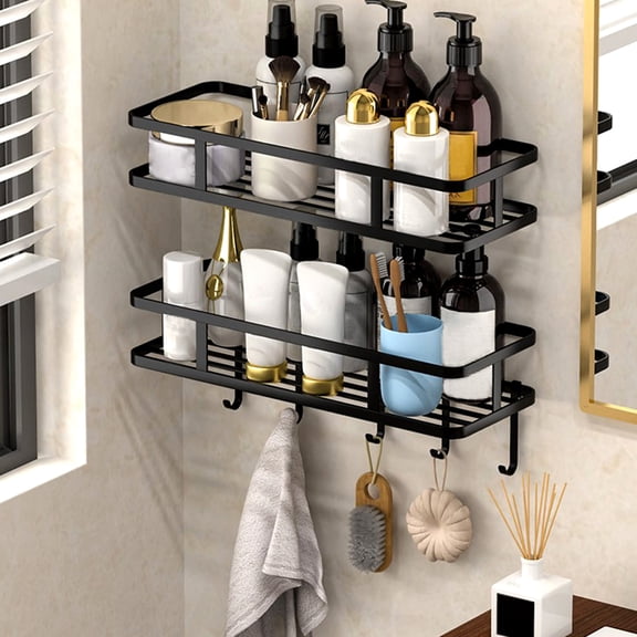 Bxaolu Metal Hanging Baskets 2-Pack - Wall Storage Organizer with Hooks, Adhesive Shelves for Kitchen, Bathroom, Pantry (Spice Rack, Cabinet Organizer, Shower Caddy) Garage RV, Black