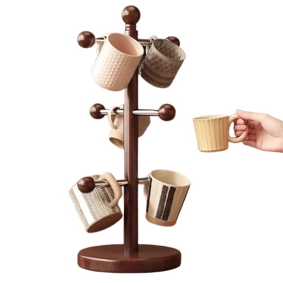 Bxaolu Mug Holder Tree, Thicker Base Coffee Cup Holder for Countertop, Sturdy Wood Coffee Mug Hanger with 6 Adjustable Hooks, Non-Slip Cup Rack for Home Storage and Organizer, Brown