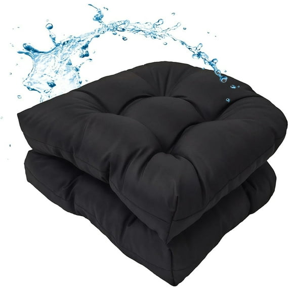 Bxaolu Outdoor Chair Cushions Set of 2, Patio Chair Cushions with Ties, 19"x19" Tufted Outdoor Seat Cushions, Waterproof Patio Furniture Cushions, Outdoor Dining Chair Pads, Black