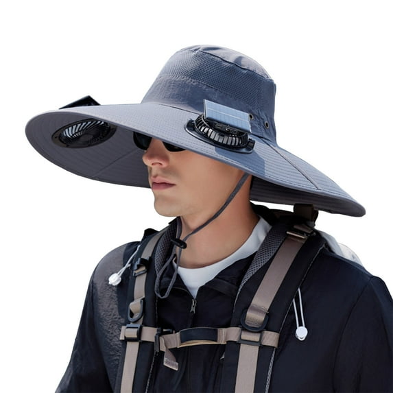 Bxaolu Outdoor Wide Brim Sun Hat with 2 Solar Fan, Sun Bucket Hat for Men Women, Summer Bucket Fishing Hat, Beach Cap UPF 50+, Dark Gray