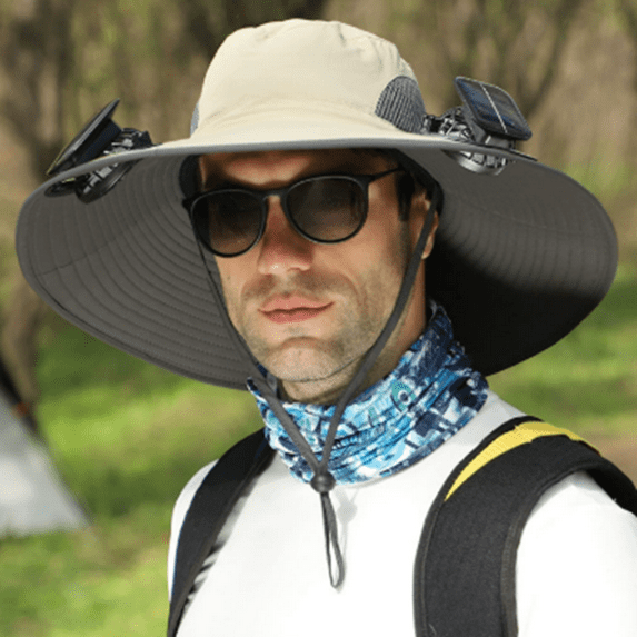 Bxaolu Outdoor Wide Brim Sun Hat with 2 Solar Fans - Ideal Fishing & Beach Bucket Hat for Men and Women, Khaki