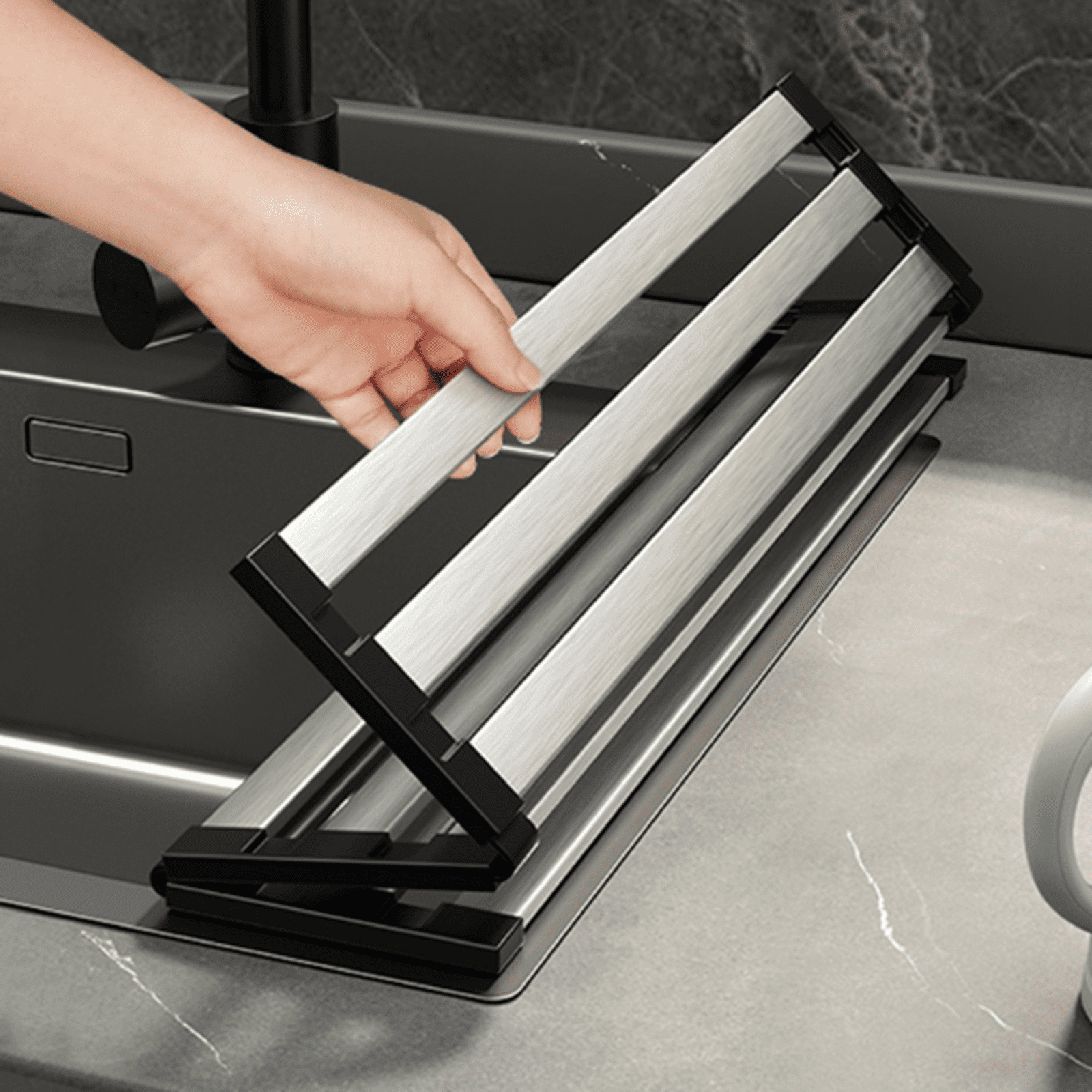 Bxaolu Over The Sink Dish Drying Rack, Roll Up Dish Drying Rack Kitchen Dish Rack Stainless Steel Sink Drying Rack, Foldable Dish Drainer, Silver