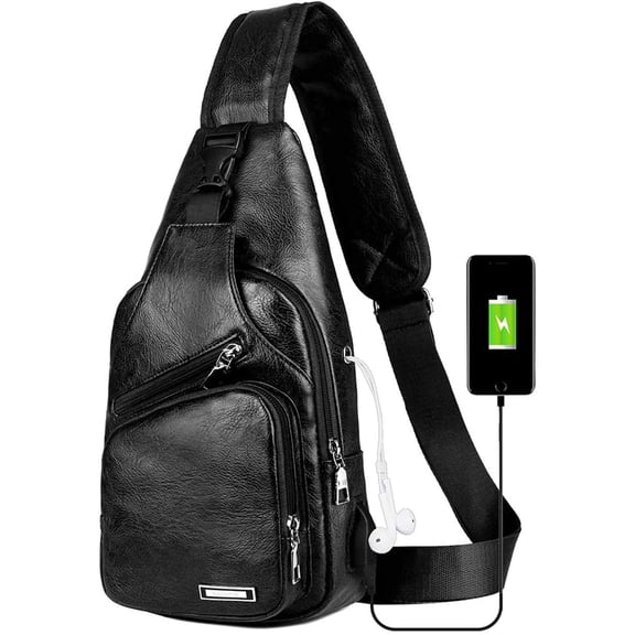 Bxaolu PU Leather Sling Bag with USB Charging Port Multi-pocket Chest Bag for Men Women Hiking Travel Daypack, [Black,1Pack]