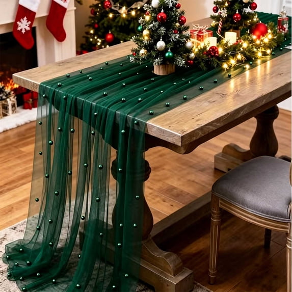 Bxaolu Pearl Table Runner Tulle Summer Cheesecloth 29.5 x118 Inch Gauze Cheese Cloth Sheer Chiffon Dining Wedding Birthday Party Ba|by Shower Bridal Anniversary Holiday Centerpiece Table Decor
