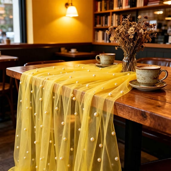 Bxaolu Pearl Table Runner Tulle Summer Cheesecloth 29.5 x118 Inch Gauze Cheese Cloth Sheer Chiffon Dining Wedding Birthday Party Ba|by Shower Bridal Anniversary Holiday Centerpiece Table Decor