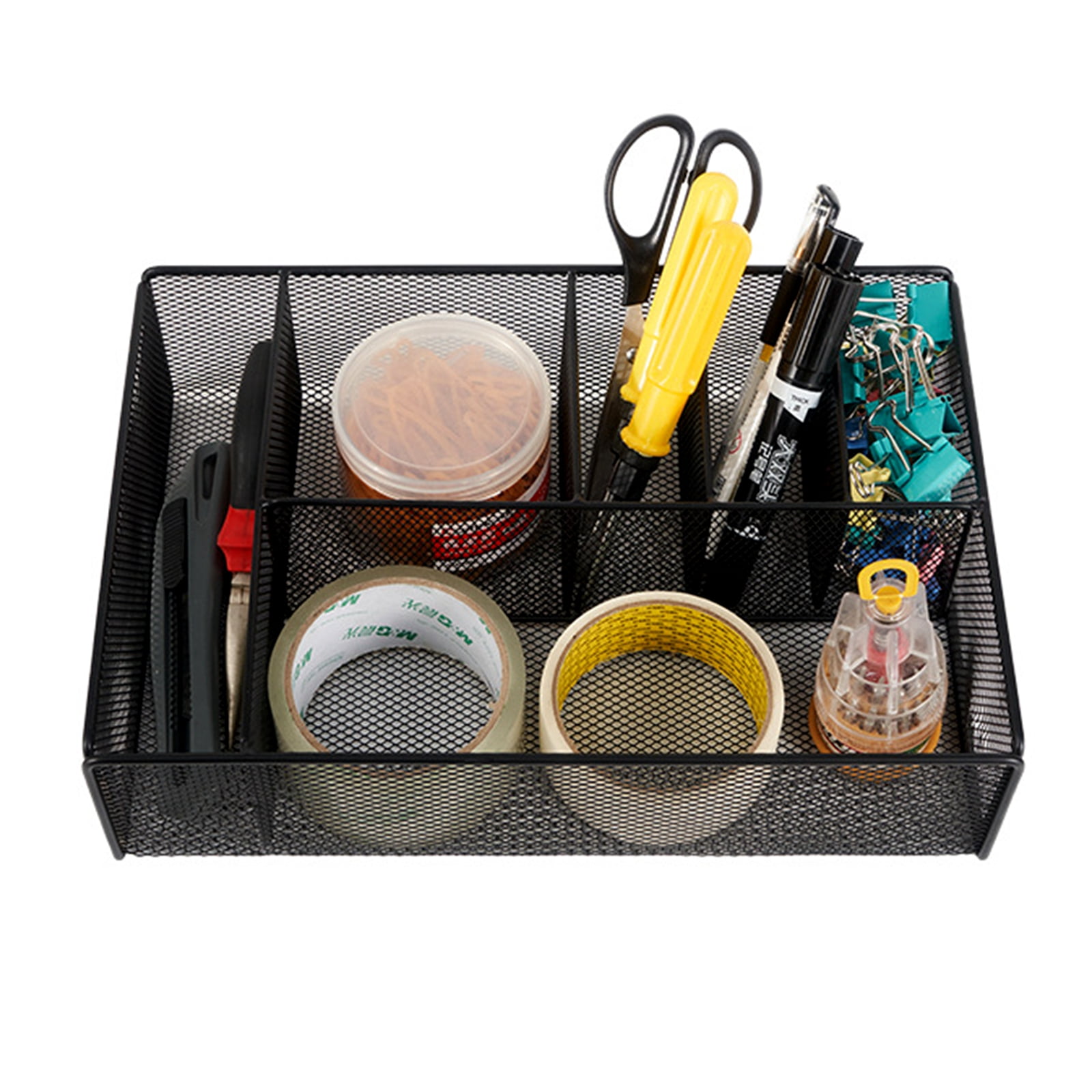 Bxaolu Pen Holder for Desk, Desk Organizers 6 Compartments Mesh File & Accessory Storage, Metal Mesh Office Organizer for Desk, Workspace, Mail, Black-1Pack