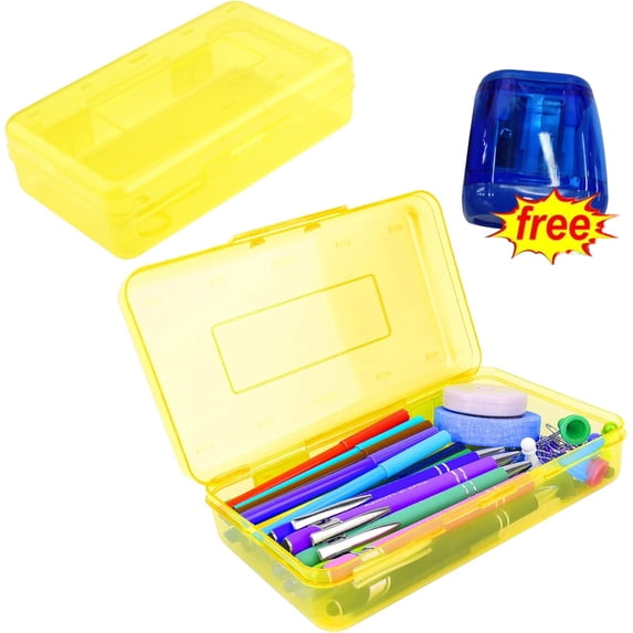 Bxaolu Pencil Box, Large Capacity Clear Pencil Case, 2 Pack Hard Pencil Case, Clear Crayon Box with Snap-tight Lid, Stackable Design, Plastic Storage Box for Home Office Supplies, Yellow
