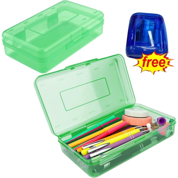 Bxaolu Pencil Box, Large Capacity Clear Pencil Case, 2 Pack Hard Pencil Case, Clear Crayon Box with Snap-tight Lid, Stackable Design, Plastic Storage Box for Home Office Supplies, Green