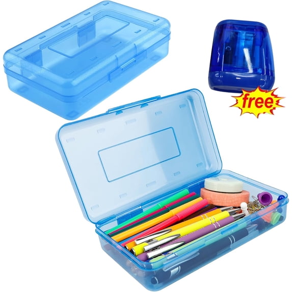 Bxaolu Pencil Box, Large Capacity Clear Pencil Case, 2 Pack Hard Pencil Case, Clear Crayon Box with Snap-tight Lid, Stackable Design, Plastic Storage Box for Home Office Supplies, Blue