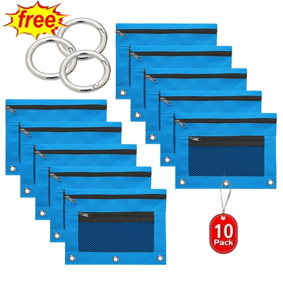 Bxaolu Pencil Pouch for 3 Ring Binder, 10 Pack Zipper Pencil Pouches, Clear Window Pencil Case for Binder, 3 Hole Pen Pouch Bulk, Pencil Bag with Grommets for Office Supplies(Blue)