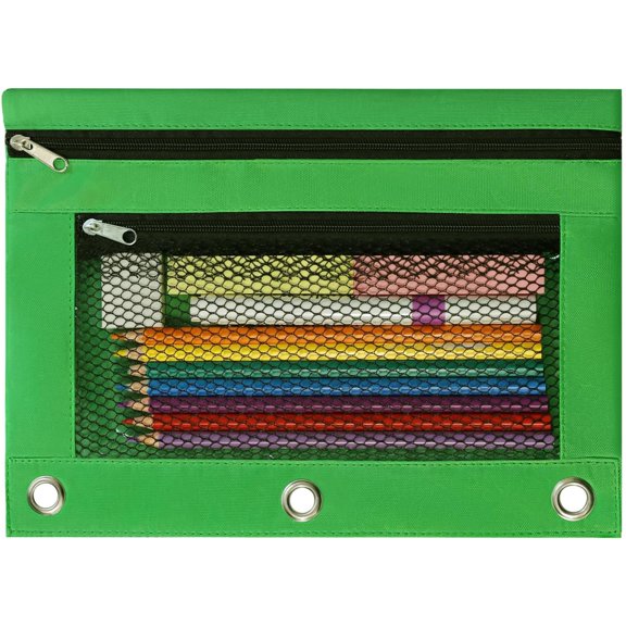 Bxaolu Pencil Pouch for 3 Ring Binder, Binder Pencil Case with Smooth Zipper, Clear Window Pencil Case, Large Capacity 3 Ring Binder Pencil Bag with 3 Reinforced Grommets, Green