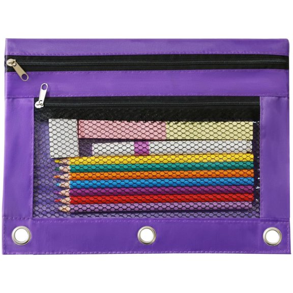 Bxaolu Pencil Pouch for 3 Ring Binder, Binder Pencil Case with Smooth Zipper, Clear Window Pencil Case, Large Capacity 3 Ring Binder Pencil Bag with 3 Reinforced Grommets, Purple