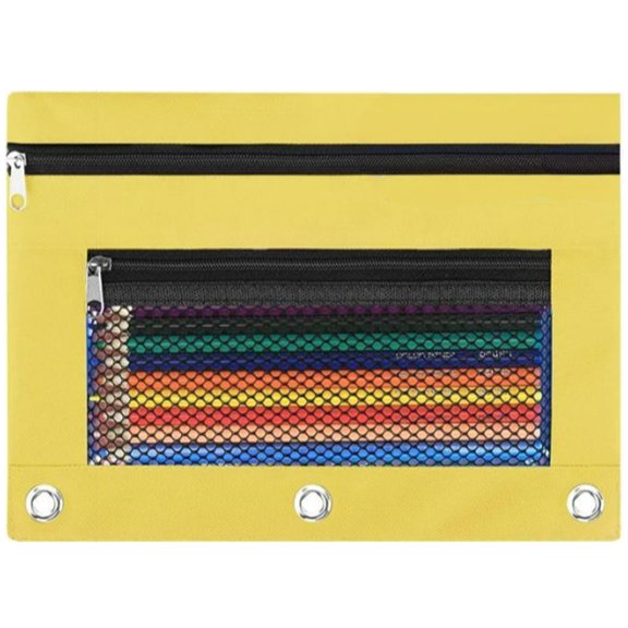 Bxaolu Pencil Pouch for 3 Ring Binder, Binder Pencil Case with Smooth Zipper, Clear Window Pencil Case, Large Capacity 3 Ring Binder Pencil Bag with 3 Reinforced Grommets, Yellow