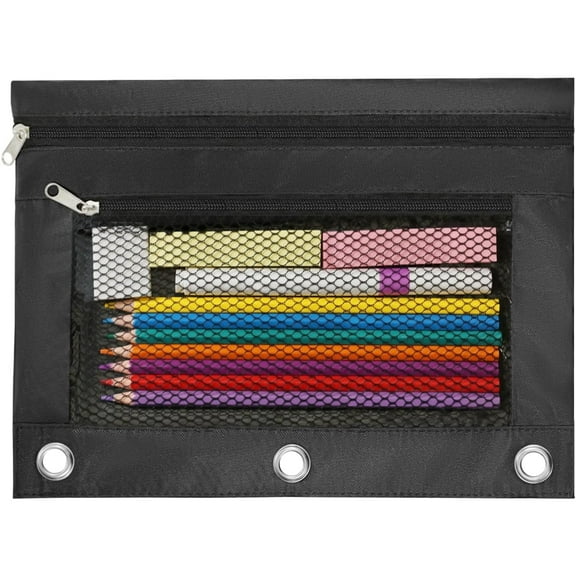 Bxaolu Pencil Pouch 3 Ring, Zipper Pencil Pouches Case Binder Cosmetic Bag, 1 Pack , Black
