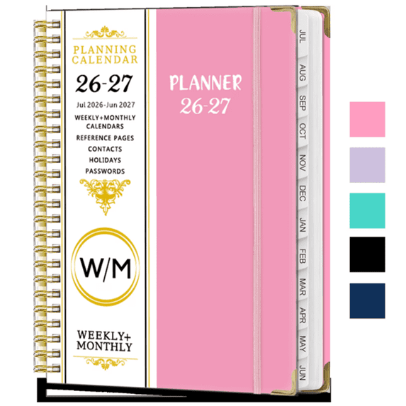 Bxaolu Planner 2027, Weekly and Monthly Calendar Planner Book with Tabs, Spiral Schedule Agenda A5 Notebook for Office, Work(Pink)