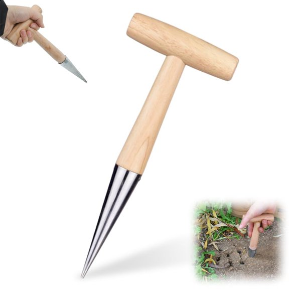 Bxaolu Plant Hole Digger for Planting, Seed Dibber Garden Tool, Hand Dibbler Seed Planter Tool, Seeds Transplanting Plants Planting Bulbs, T Wooden Handle - Easy to Drill Holes (1Pack)