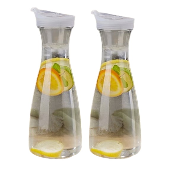 Bxaolu Plastic Juice Carafe with Lids (Set of 2) 34 oz Carafes for Mimosa Bar, Drink Pitcher with Lid, Water Bottle, Milk Container, Clear Beverage Containers for Fridge, Pantry Storage