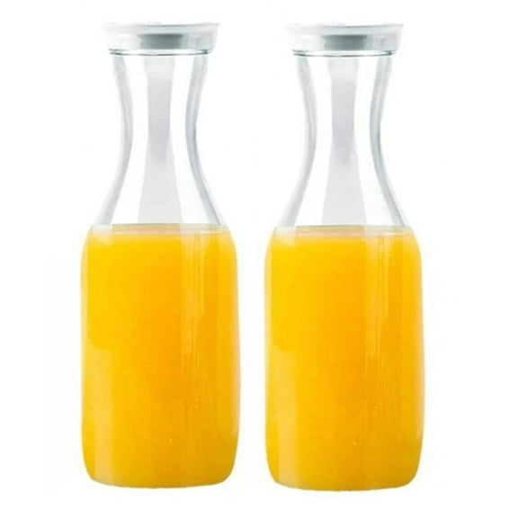 Bxaolu Plastic Juice Carafe with Lids (Set of 2) 34 oz Carafes for Mimosa Bar, Drink Pitcher with Lid, Water Bottle, Milk Container, Clear Beverage Containers for Fridge, Pantry Storage