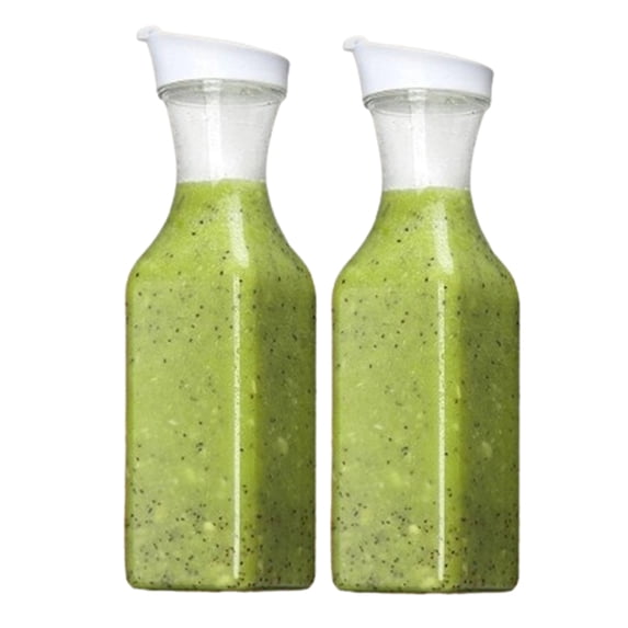 Bxaolu Plastic Juice Carafe with Lids (Set of 2) 34 oz Carafes for Mimosa Bar, Drink Pitcher with Lid, Water Bottle, Milk Container, Clear Beverage Containers for Fridge, Pantry Storage