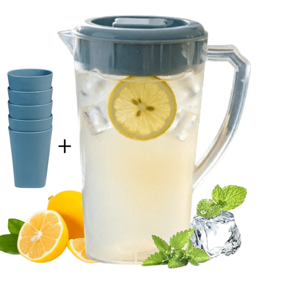 Bxaolu Plastic Pitcher with Lid and 5 Tumblers Set, 74oz Plastic Water Pitcher with Lid, BPA-Free Fridge Jug, Large Drink Water Carafe for Milk, Juice, Ice Tea, Sangria, Lemonade. Blue