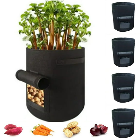 Bxaolu Potato Grow Bags, 4 Pack 7 Gallon Garden Planting Growing Bag with Flap and Handles Planter Pots for Onion, Fruits, Tomato, Carrot - Black