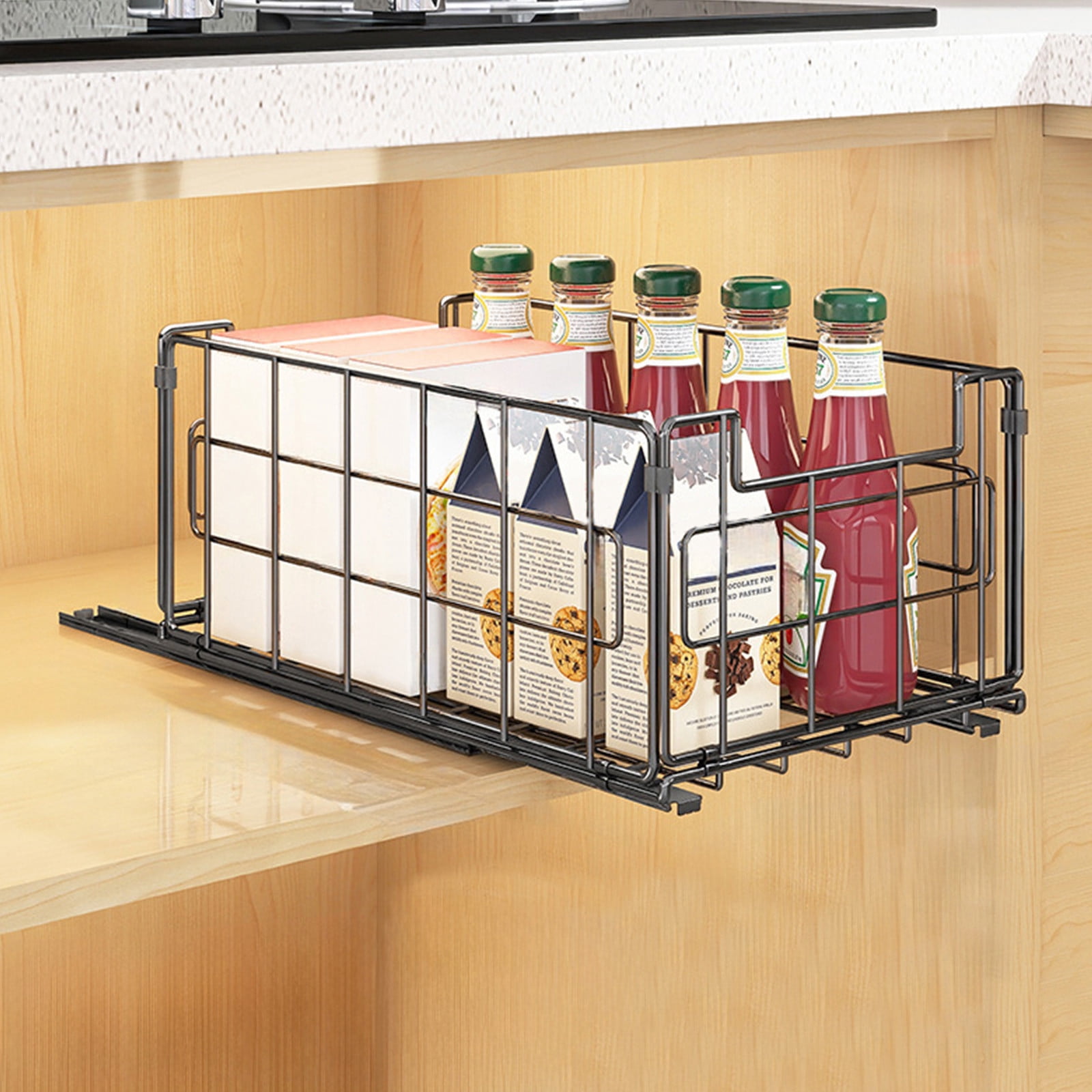 Bxaolu Pull Out Cabinet Organizers, Under Sink Organizer, Bathroom Organizer and Storage, Foldable Sliding Basket Drawers for Kitchen, Bathroom - Black