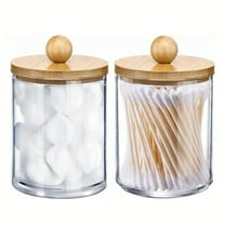 Bxaolu Qtips Holder Bathroom Container, 10 OZ Cotton Ball/Swabs Dispenser, Clear Plastic Jar Organizer for Storage Wood Lids(2Pack)