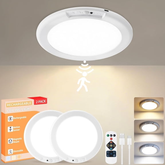 Bxaolu Rechargeable Ceiling Light 2Pack, 3 Color Motion Sensor Lights with Remote,Wireless Closet Light Battery Operated, Magnetic Dimmable LED Lights for Shower Pantry Hallway Porch Garage Stairs