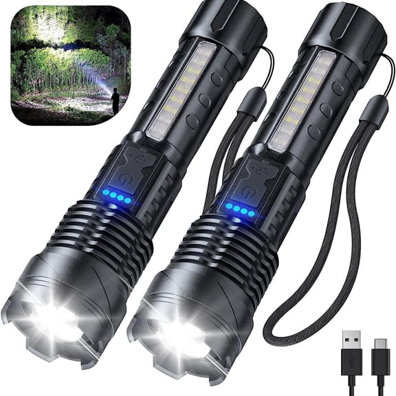 Bxaolu Rechargeable Flashlights High Lumens 2 Packs, Super Bright Outdoor Flash Light with 7 Modes, Battery Powered, Cob Side Light, USB Charge, LED Handheld Flashlight for Emergency