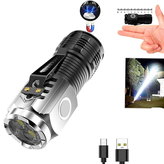 Bxaolu Rechargeable Mini Flashlights with Magnetic Base, 1 Pack Bright 3 LED Flash Lights, Small Flashlight with Clip, 3 Lighting Modes Portable Rechargeable Flashlights for Camping Home, Silver