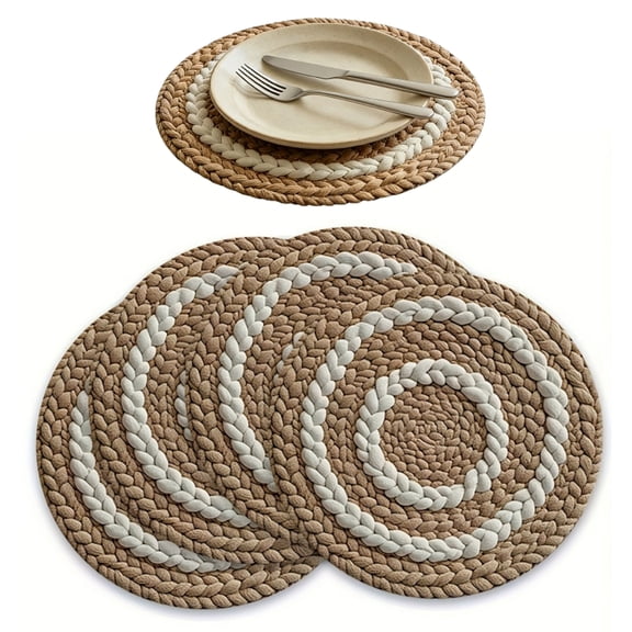 Bxaolu Round Linen Woven Placemats Set of 4, 15" Kitchen Table Place Mats for Dining Table, Trivets for Hot Pots and Pans, Boho Table Decorations for Table Setting, Tabletop Accessories