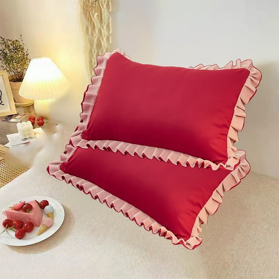 Bxaolu Ruffle Pillow Cases Standard Size Set of 2, Ruffled Pillow Covers with Envelope Closure, Wrinkle Resistant Pillowcases 19" x 29", Ruffled Pillow Shams, Red