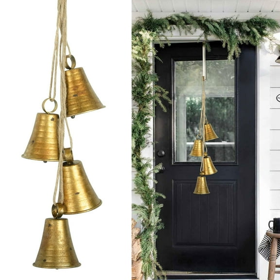 Bxaolu Shabby Vintage Country Rustic Style Cow Bells, Set of 4 Metal Christmas Bells for Decoration Rustic Brass Gold Large Bell Cow Hanging