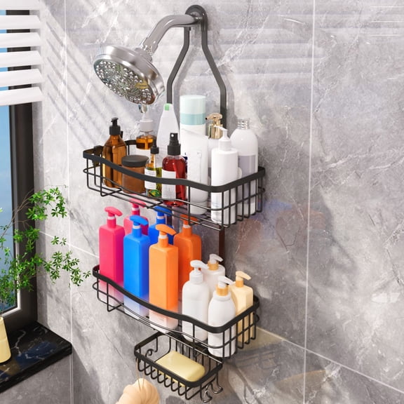 Bxaolu Shower Caddy Hanging - Rustproof Shower Organizer - Stainless Steel Over The Head Caddy with 4 Hooks for Razor/Sponge - Rack with Soap Basket - Black