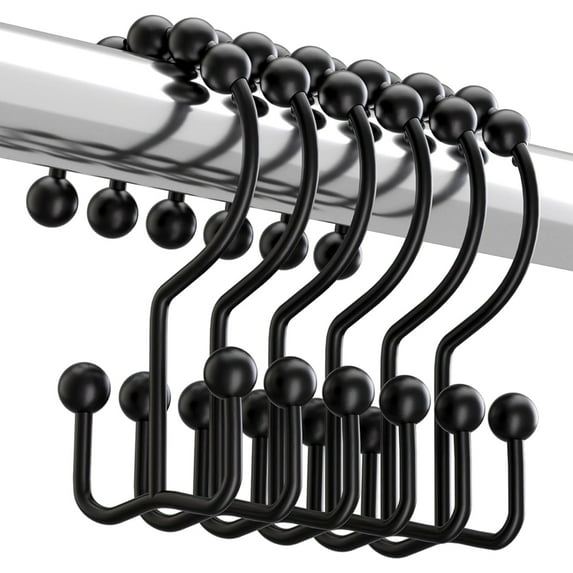 Bxaolu Shower Curtain Hooks Rings, Rust Resistant Metal Double Glide Roller Shower Hooks Rings for Bathroom Shower Rods Curtains, Set of 12 Hooks - Black