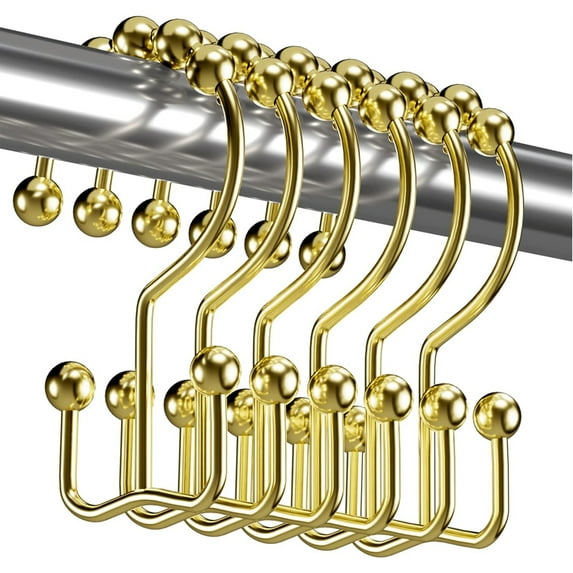Bxaolu Shower Curtain Hooks Rings, Rust Resistant Metal Double Glide Roller Shower Hooks Rings for Bathroom Shower Rods Curtains, Set of 12 Hooks - Gold