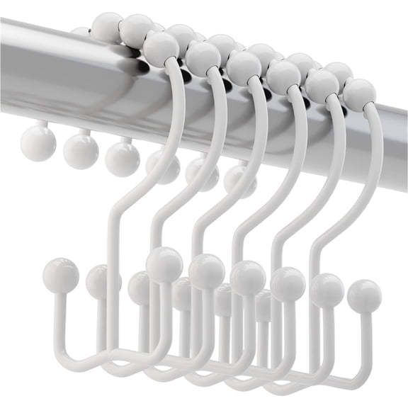 Bxaolu Shower Curtain Hooks Rings, Rust Resistant Metal Double Glide Roller Shower Hooks Rings for Bathroom Shower Rods Curtains, Set of 12 Hooks - White