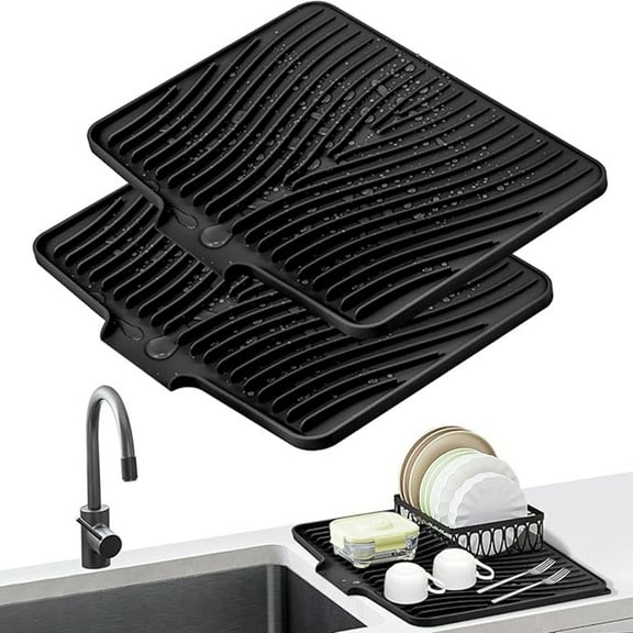 Bxaolu Silicone Dish Drying Mat for Kitchen Counter, 15.75" x 13" Dish Drying Pad, Non-Slip Drain Pad with Built-in Drain, Easy to Clean,Eco-friendly, Heat Resistant Stone Drying Mat(2Pack, Black)