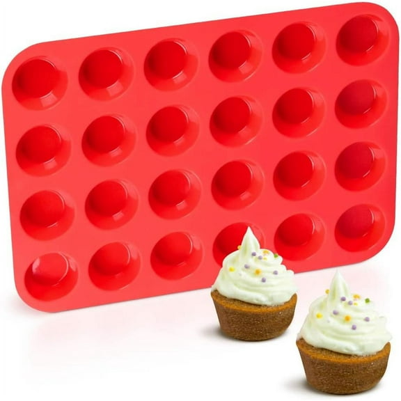 Bxaolu Silicone Muffin Pan Mini 24 Cups Cupcake Pan, Nonstick Food-Grade Silicone Baking Pan, 1 Pack, 13" x9.5", Red