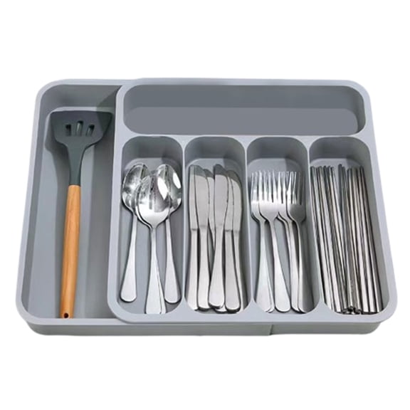 Bxaolu Silverware Drawer Organizer Tray, 1-Pack Plastic Cutlery Storage for Kitchen Drawer, Flatware and Utensil Holder Divider for Spoons Forks Knives Tableware, 5 Compartment, Gray
