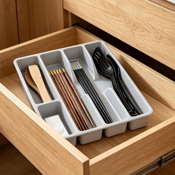 Bxaolu Silverware Drawer Organizer Tray, Plastic Cutlery Storage for Kitchen, Flatware and Utensil Holder Divider for Spoons Forks Knives Tableware, 12.2 x 10.24", 5 Slots, Black