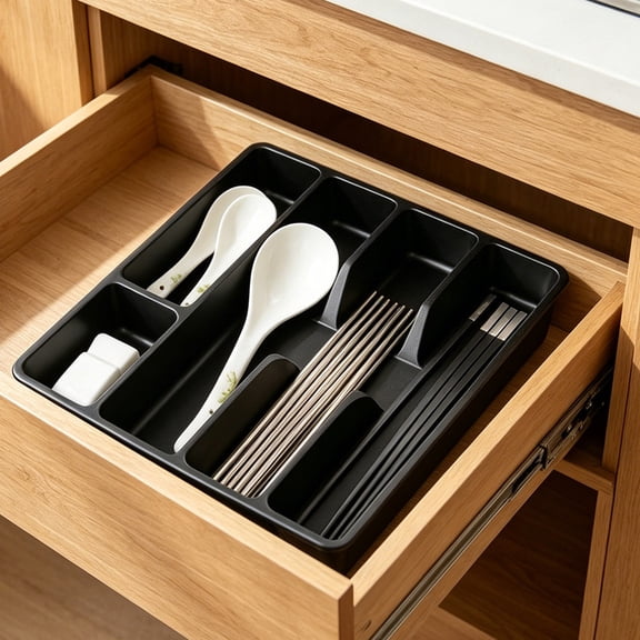Bxaolu Silverware Drawer Organizer Tray, Plastic Cutlery Storage for Kitchen, Flatware and Utensil Holder Divider for Spoons Forks Knives Tableware, 12.2 x 10.24", 5 Slots, Black