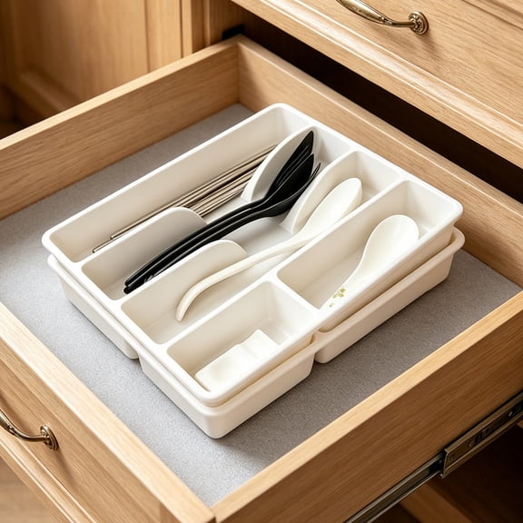 Bxaolu Silverware Drawer Organizer Tray, Plastic Cutlery Storage for Kitchen, Flatware and Utensil Holder Divider for Spoons Forks Knives Tableware, 12.2 x 10.24", 5 Slots, Black