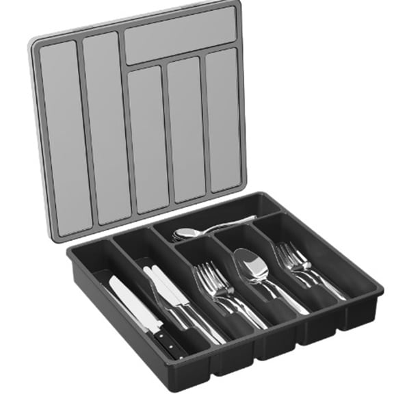 Bxaolu Silverware Organizer with Lid, Covered Utensil Tray for Kitchen Drawer and Countertop, Plastic Cutlery and Flatware Storage Box for Spoons Forks Knives Holder Case, 12.8x11.8", Black