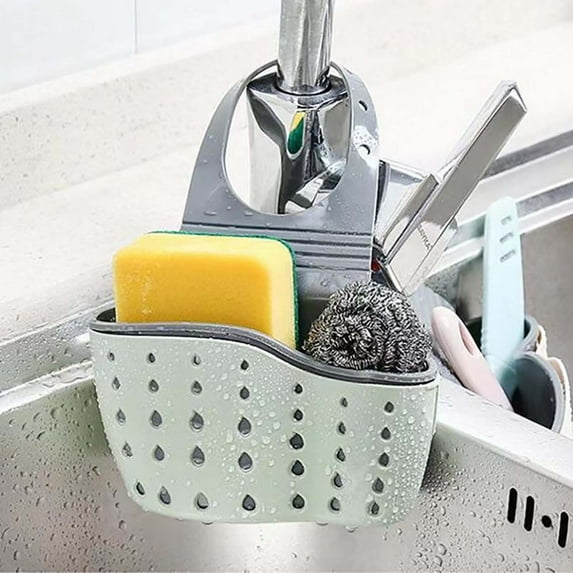 Bxaolu Sink Basket Sink Strainers Basket Kitchen Drain Shelf Sink Storage Holder Ajustable Strap Faucet Caddy with Drain Holes for Drying, Kitchen Sink Accessories(Green,1PC)
