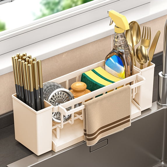 Bxaolu Sink Caddy, Sponge Holder for Kitchen Sink with Brush Holder and Towel Rack, Sink Organizer for Countertop, Soap Kitchen Organizers Storage Essentials, Beige