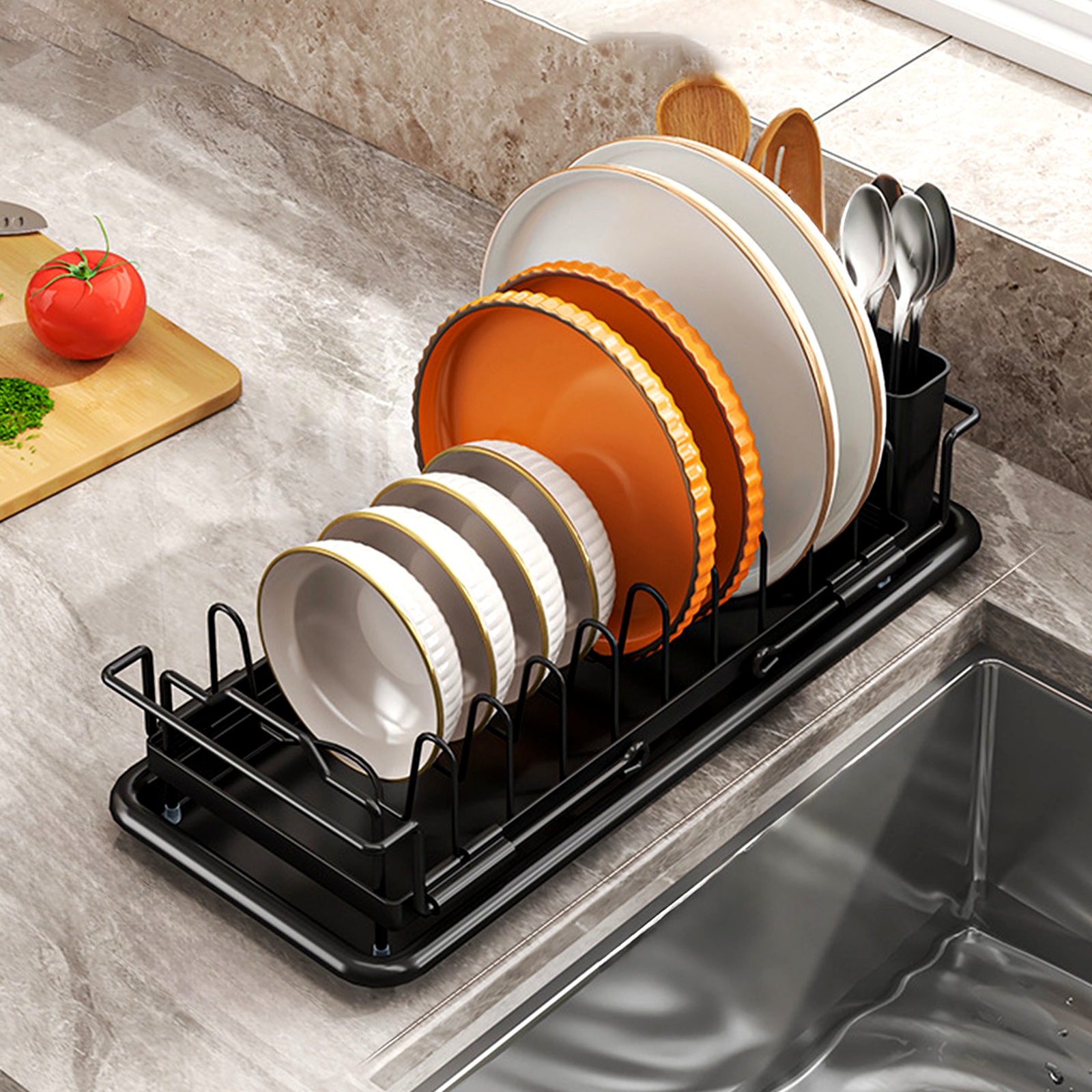 Bxaolu Sink Dish Drying Rack - Expandable Small Dish Rack Over Sinks with Drying Tray, Stainless Steel Dish Drainer for Kitchen Counter with Cutlery Holder, Drying Rack Fit 14’’-19’’ Kitchen Sink