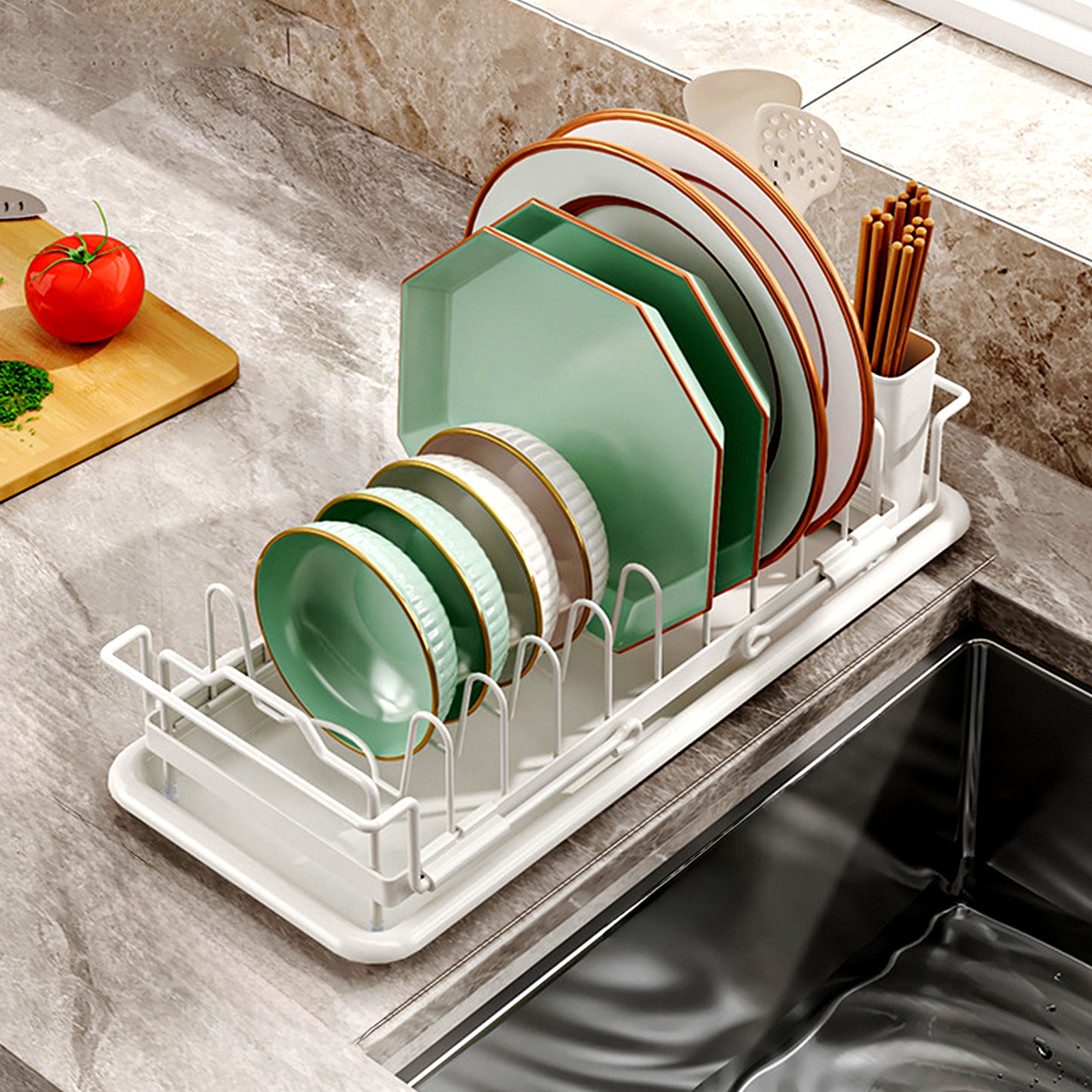 Bxaolu Sink Dish Drying Rack - Expandable Small Dish Rack Over Sinks with Drying Tray, Stainless Steel Dish Drainer for Kitchen Counter with Cutlery Holder, Drying Rack Fit 14’’-19’’ Kitchen Sink