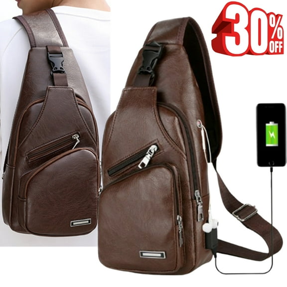 Bxaolu Sling Bag For Men Women Shoulder Backpack Chest Bags Crossbody Daypack with Earphone Hole, Brown