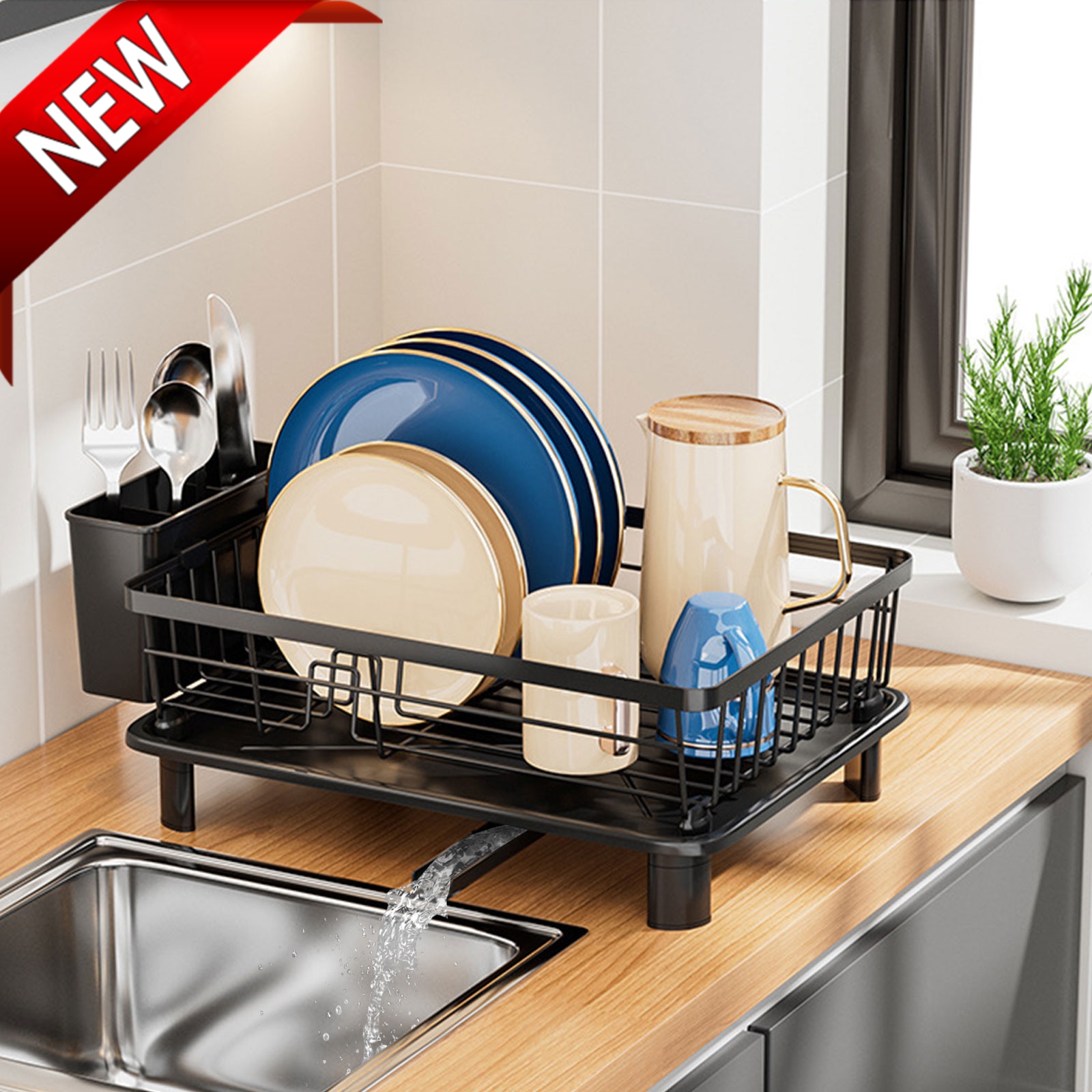 Bxaolu Small Dish Drying Rack, Compact Dish Rack for Kitchen Counter, Stainless Steel Dish Drainer, Space Saving Plate Rack, Dish Strainer with Cutlery Holder(Black, 11" Wx 14.9L" x 5"H)